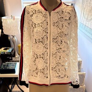 Sugarlips White Lace Bomber Jacket with Black and Red Accents